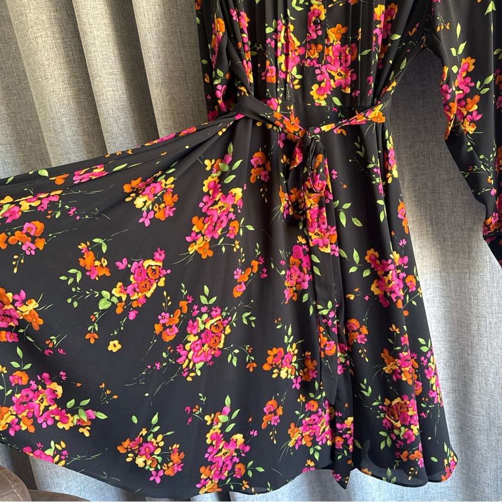 NANETTE women’s 18 W black dress floral knee long sleeve button tie belt color‎ - Picture 2 of 16